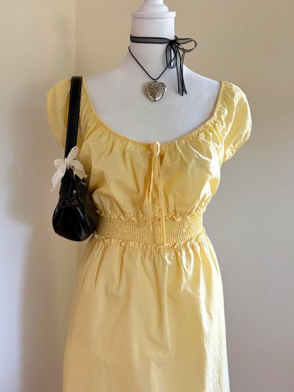 Vintage Y2K milkmaid coquette yellow midi summer dress cotton romantic belle XL